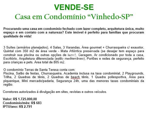 Casa de Condomínio em Vinhedo, no bairro Condominio Terras de Santa Teresa